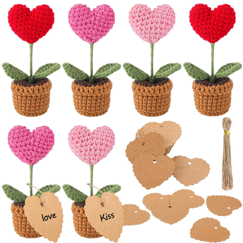 Hotop 6 Pcs Valentines Day Crochet Heart for Gifts Handmade Heart Potted Plant Artificial Knitted Plants with 50 Tags Strings Valentine Heart Plants for Women Teacher Gifts(Red Pink Rose Red)